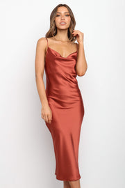 DRESSES Persia Dress - Rust 10  Stunning cowl neck, midi dress with adjustable straps in a sexy satin fabrication. Offering a flattering feminine silhouette that can be dressed up or dressed down. Perfect for weddings, date nights, Spring parties, brunch, day events, and more. 