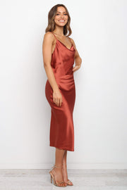 DRESSES Persia Dress - Rust  Stunning cowl neck, midi dress with adjustable straps in a sexy satin fabrication. Offering a flattering feminine silhouette that can be dressed up or dressed down. Perfect for weddings, date nights, Spring parties, brunch, day events, and more. 