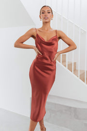 DRESSES Persia Dress - Rust 8 Stunning cowl neck, midi dress with adjustable straps in a sexy satin fabrication. Offering a flattering feminine silhouette that can be dressed up or dressed down. Perfect for weddings, date nights, Spring parties, brunch, day events, and more. 