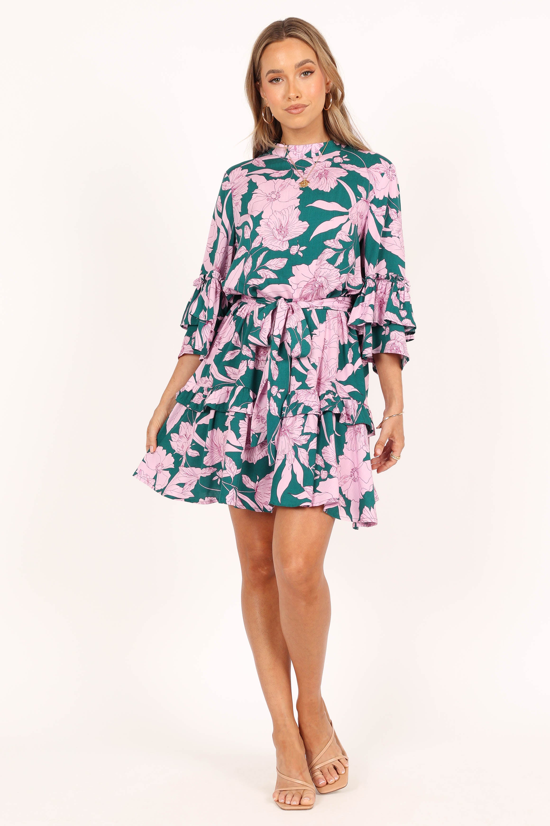 DRESSES @Petitia Long Sleeve Mini Dress - Pink Green Floral
