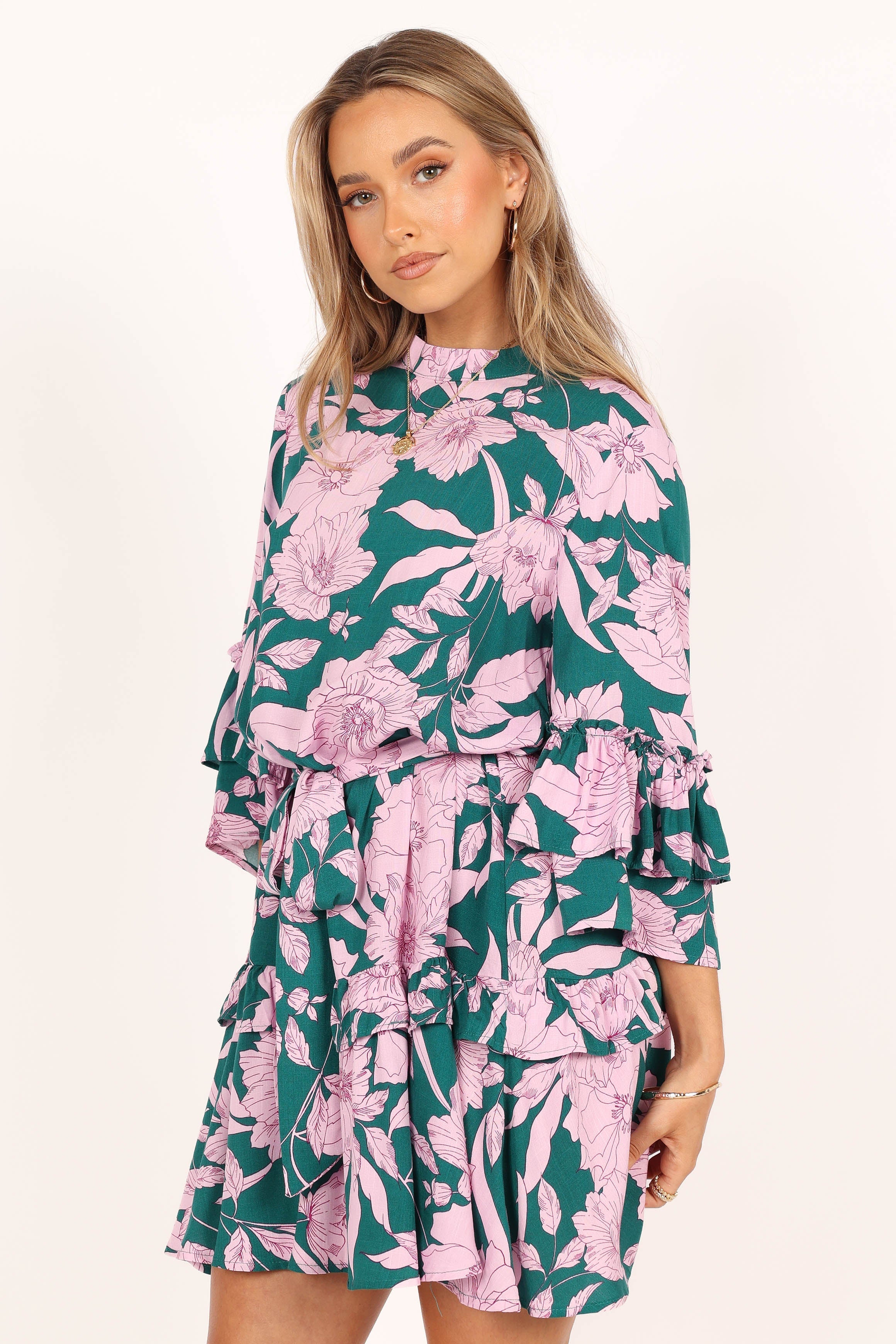 DRESSES @Petitia Long Sleeve Mini Dress - Pink Green Floral