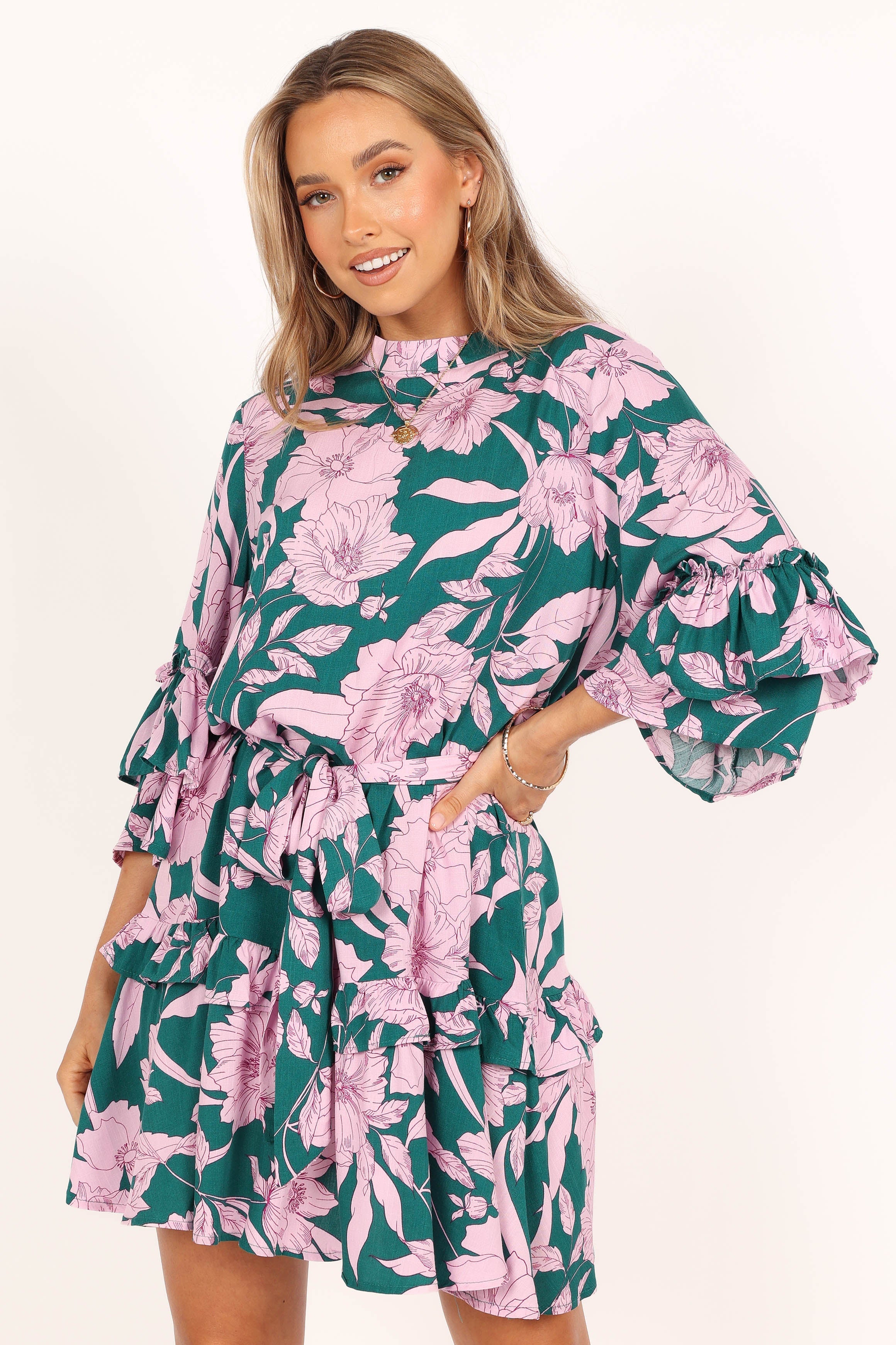 DRESSES @Petitia Long Sleeve Mini Dress - Pink Green Floral