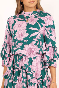 DRESSES @Petitia Long Sleeve Mini Dress - Pink Green Floral
