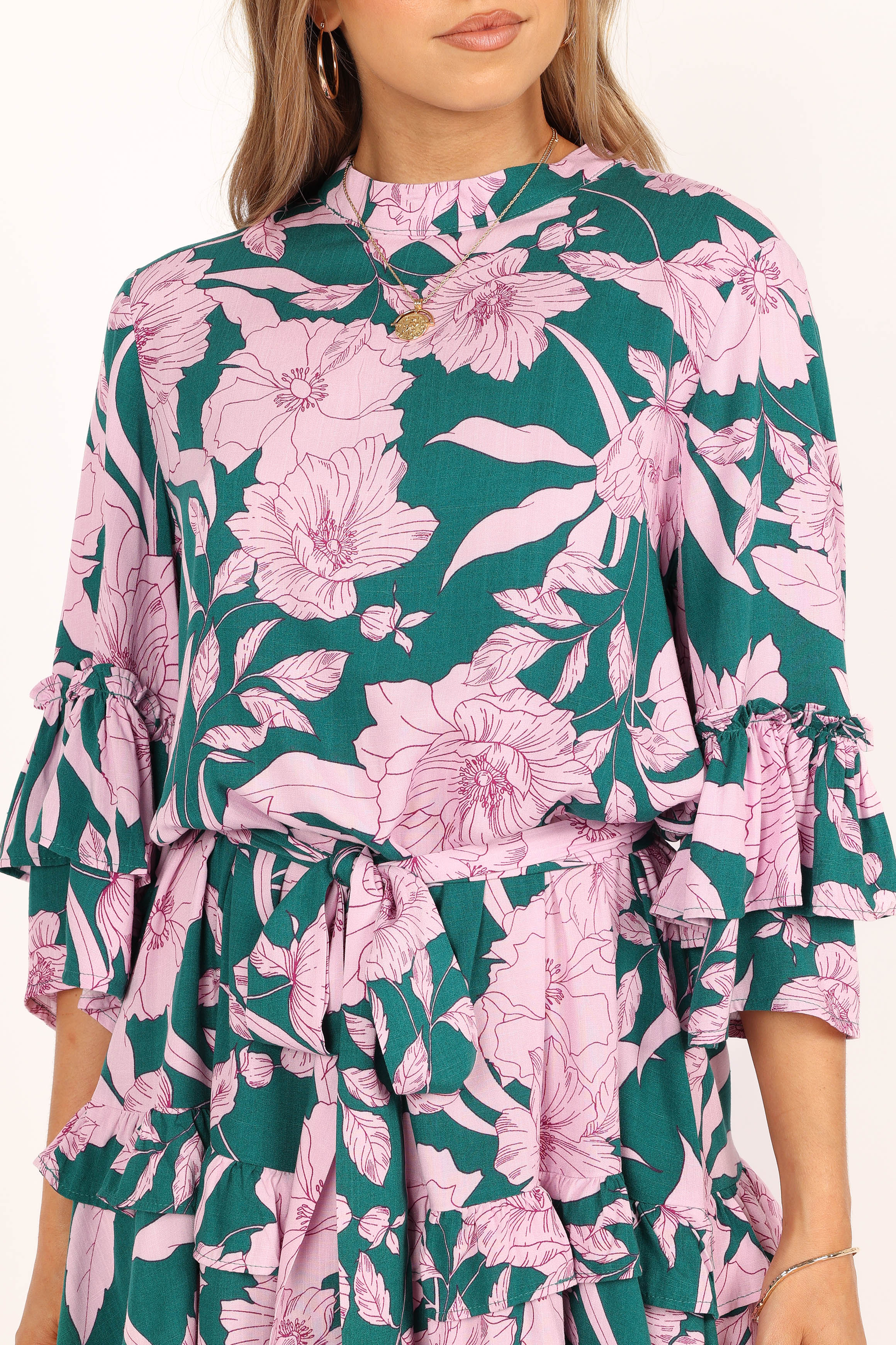 DRESSES @Petitia Long Sleeve Mini Dress - Pink Green Floral