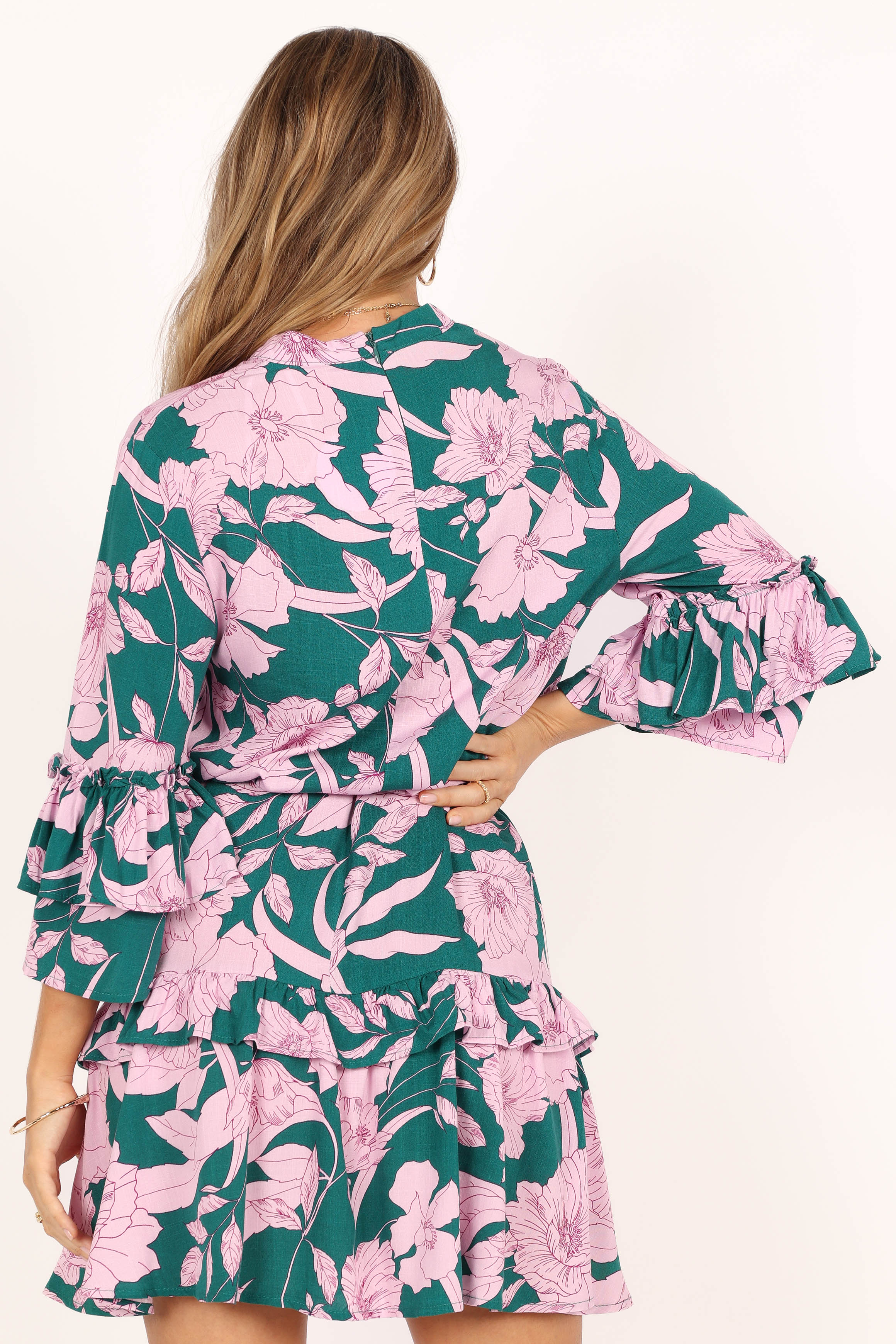 DRESSES @Petitia Long Sleeve Mini Dress - Pink Green Floral