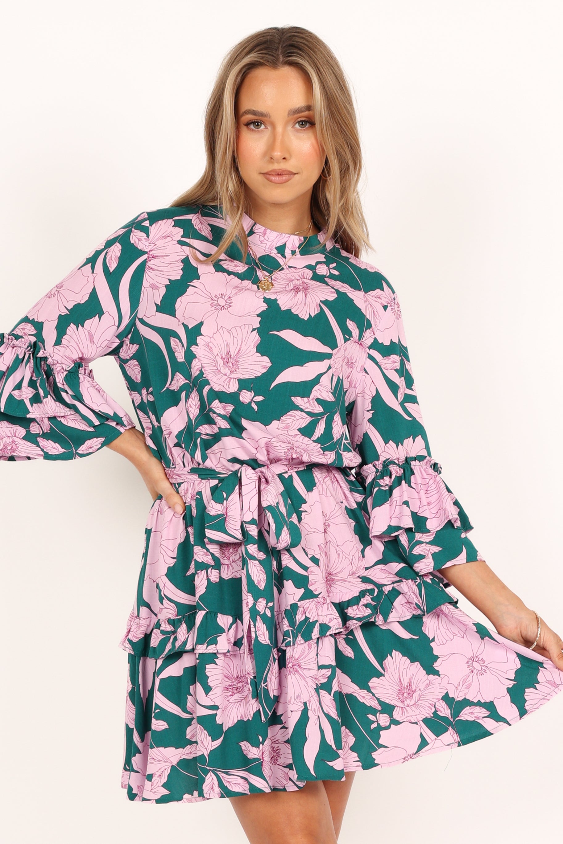 DRESSES @Petitia Long Sleeve Mini Dress - Pink Green Floral