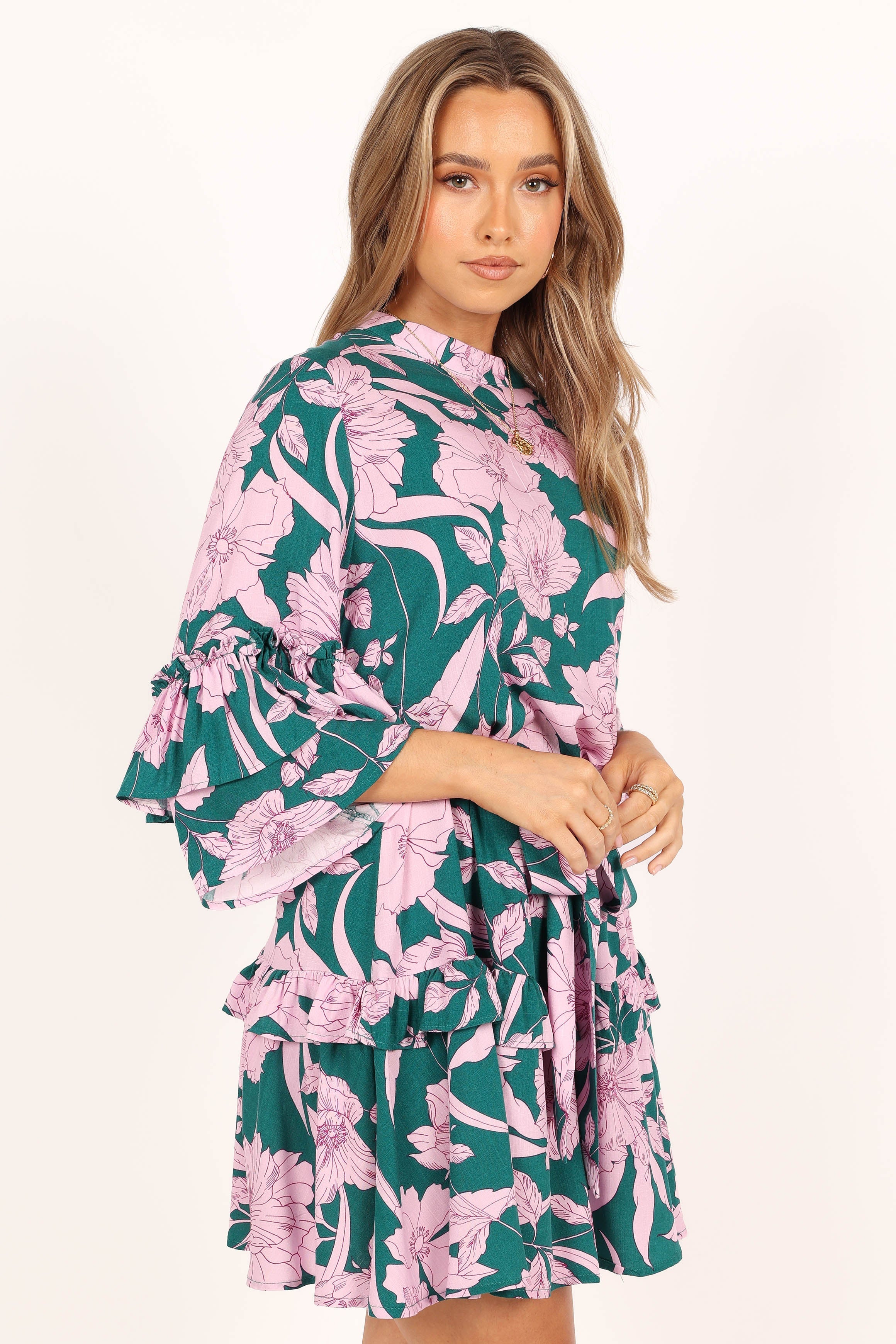 DRESSES @Petitia Long Sleeve Mini Dress - Pink Green Floral