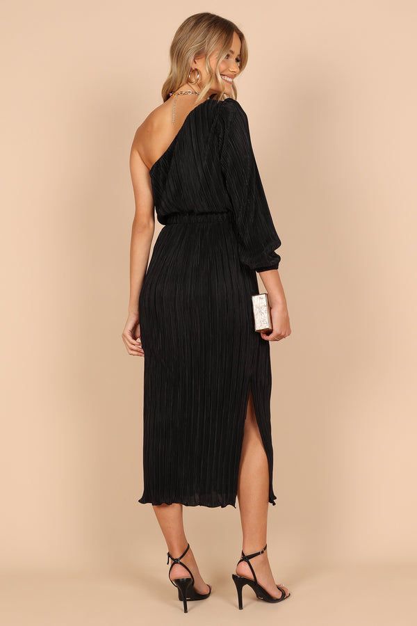 DRESSES @Pontee One Shoulder Pleated Midi Dress - Black