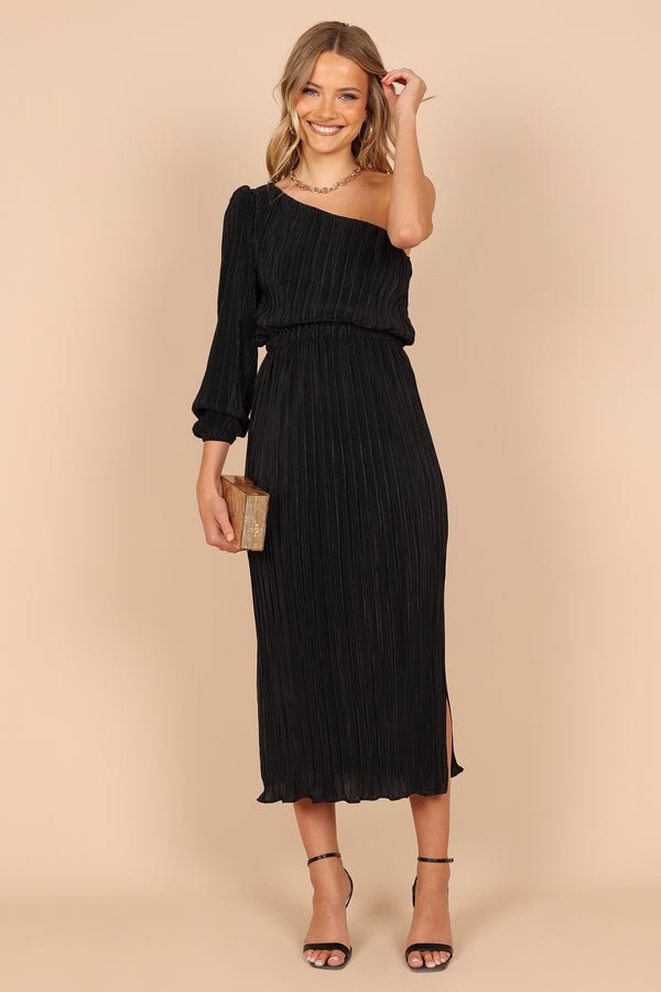 DRESSES @Pontee One Shoulder Pleated Midi Dress - Black