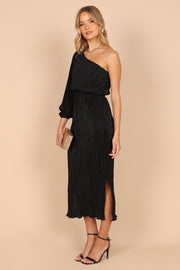 DRESSES @Pontee One Shoulder Pleated Midi Dress - Black