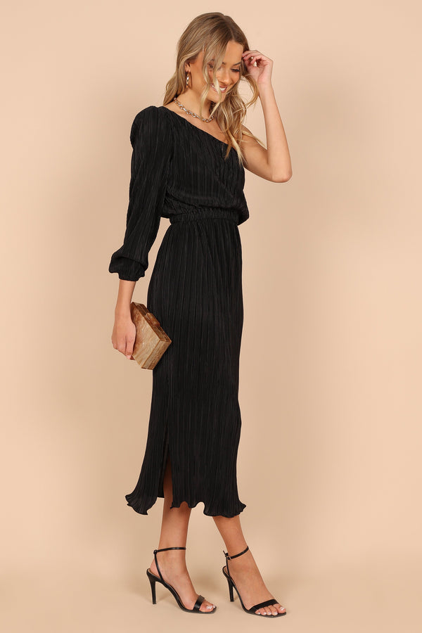 DRESSES @Pontee One Shoulder Pleated Midi Dress - Black