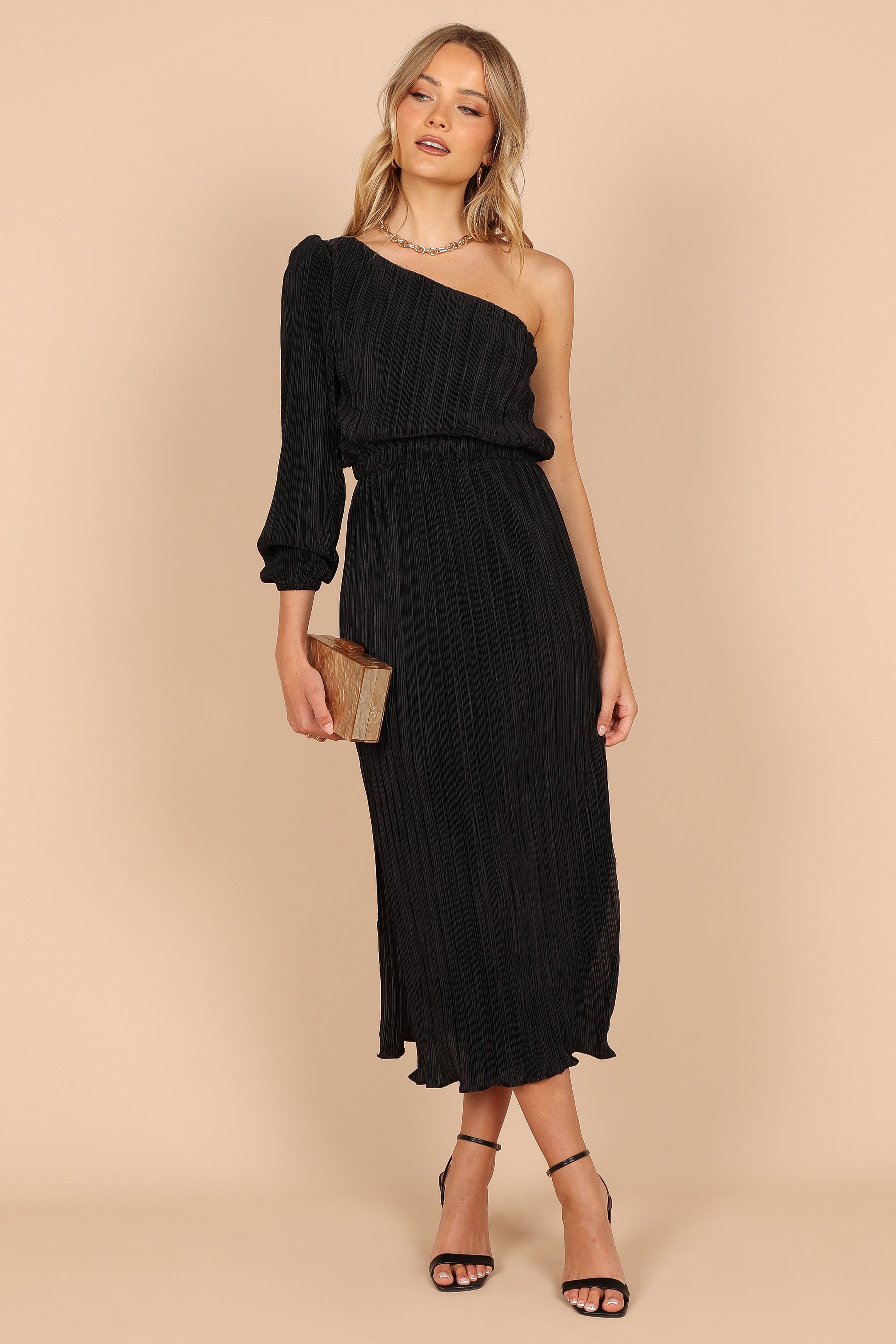 DRESSES @Pontee One Shoulder Pleated Midi Dress - Black