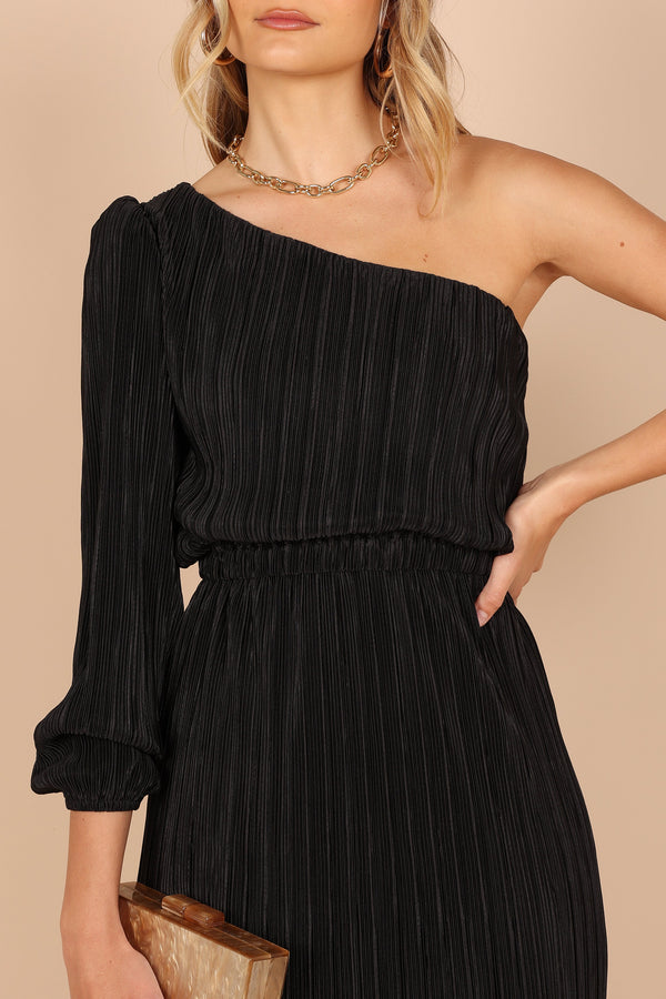 DRESSES @Pontee One Shoulder Pleated Midi Dress - Black