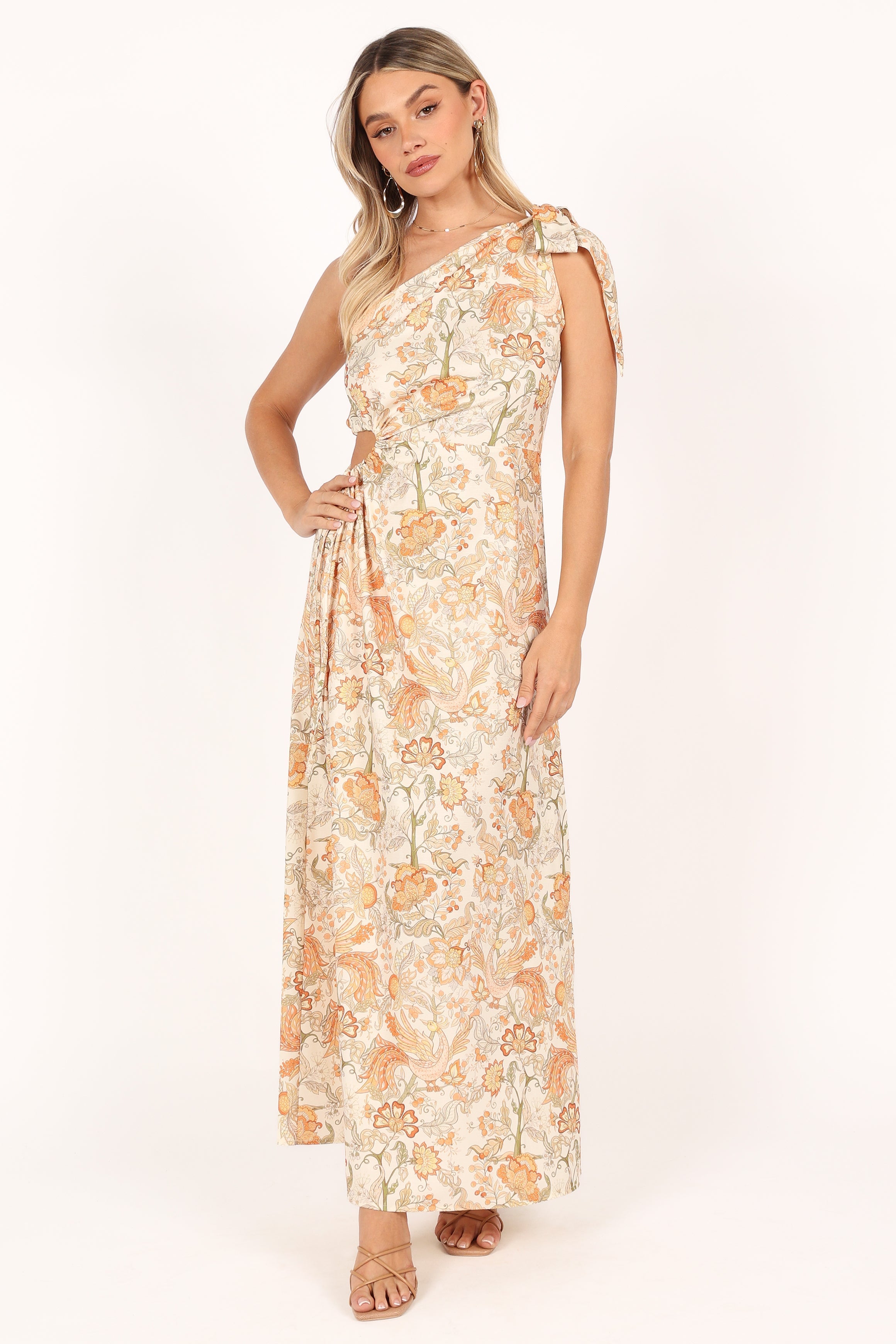 DRESSES @Ralie One Shoulder Maxi Dress - Tan Floral