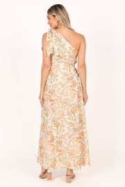 DRESSES @Ralie One Shoulder Maxi Dress - Tan Floral