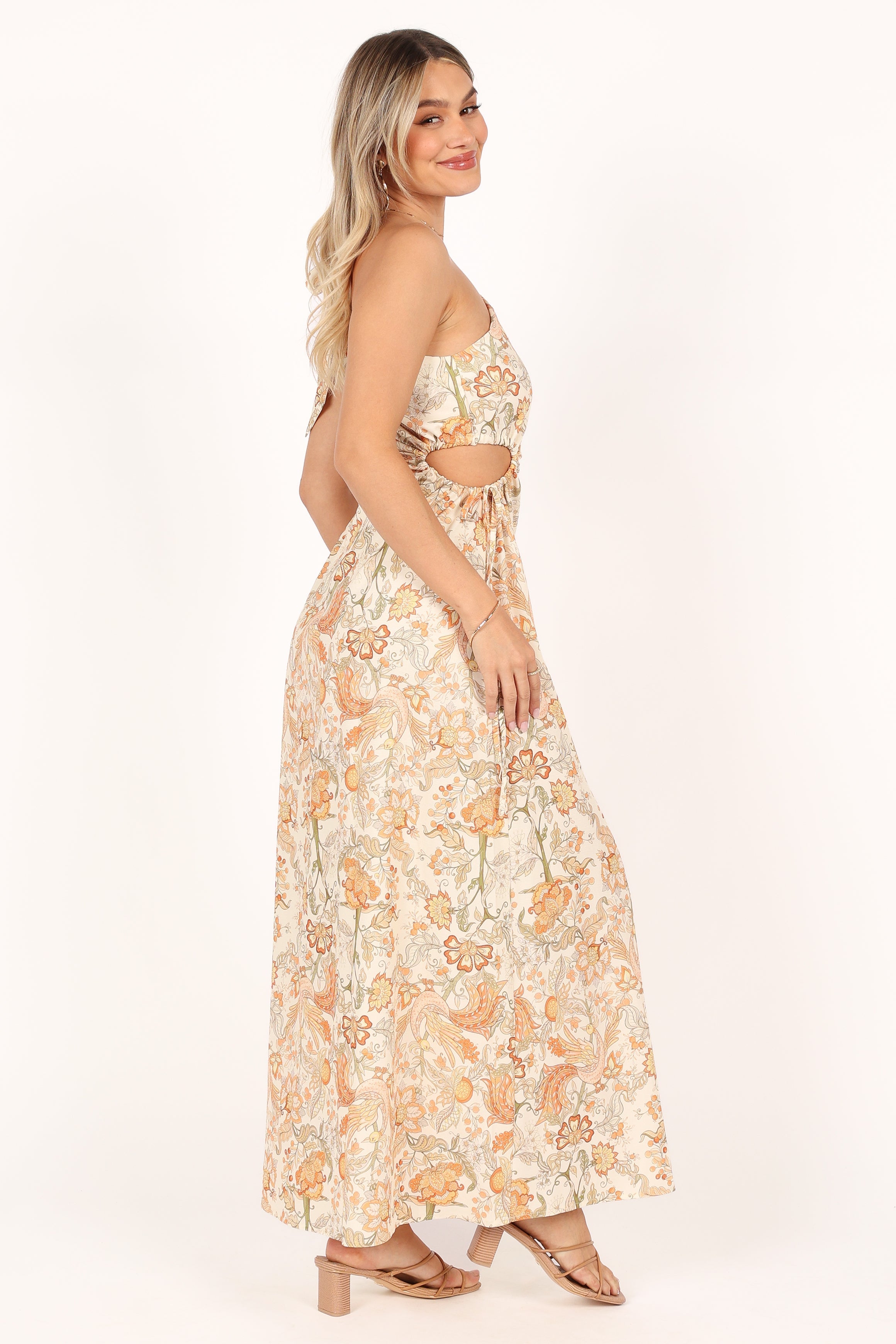 DRESSES @Ralie One Shoulder Maxi Dress - Tan Floral