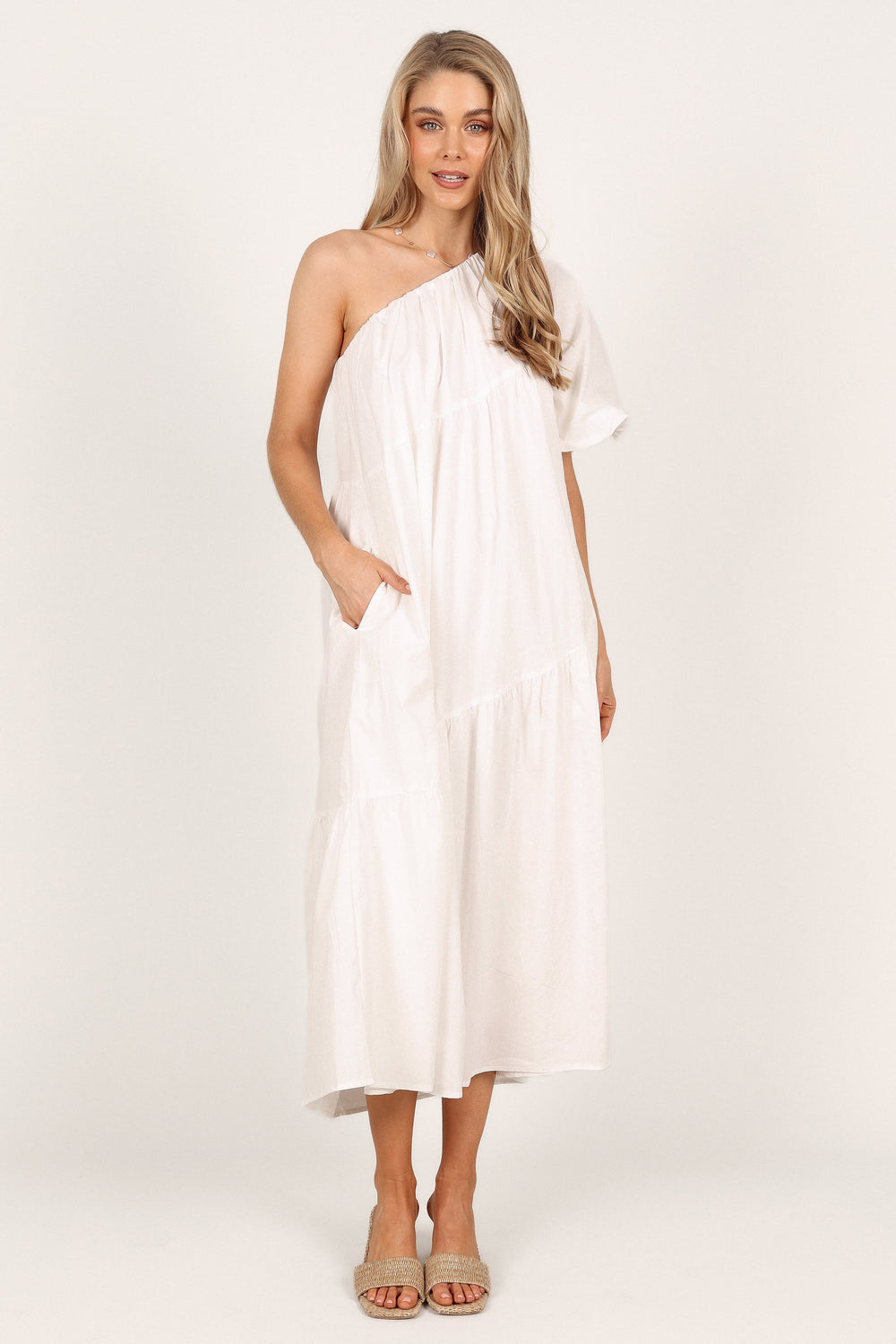 DRESSES Stephanie One Shoulder Puff Sleeve Midi Dress - White