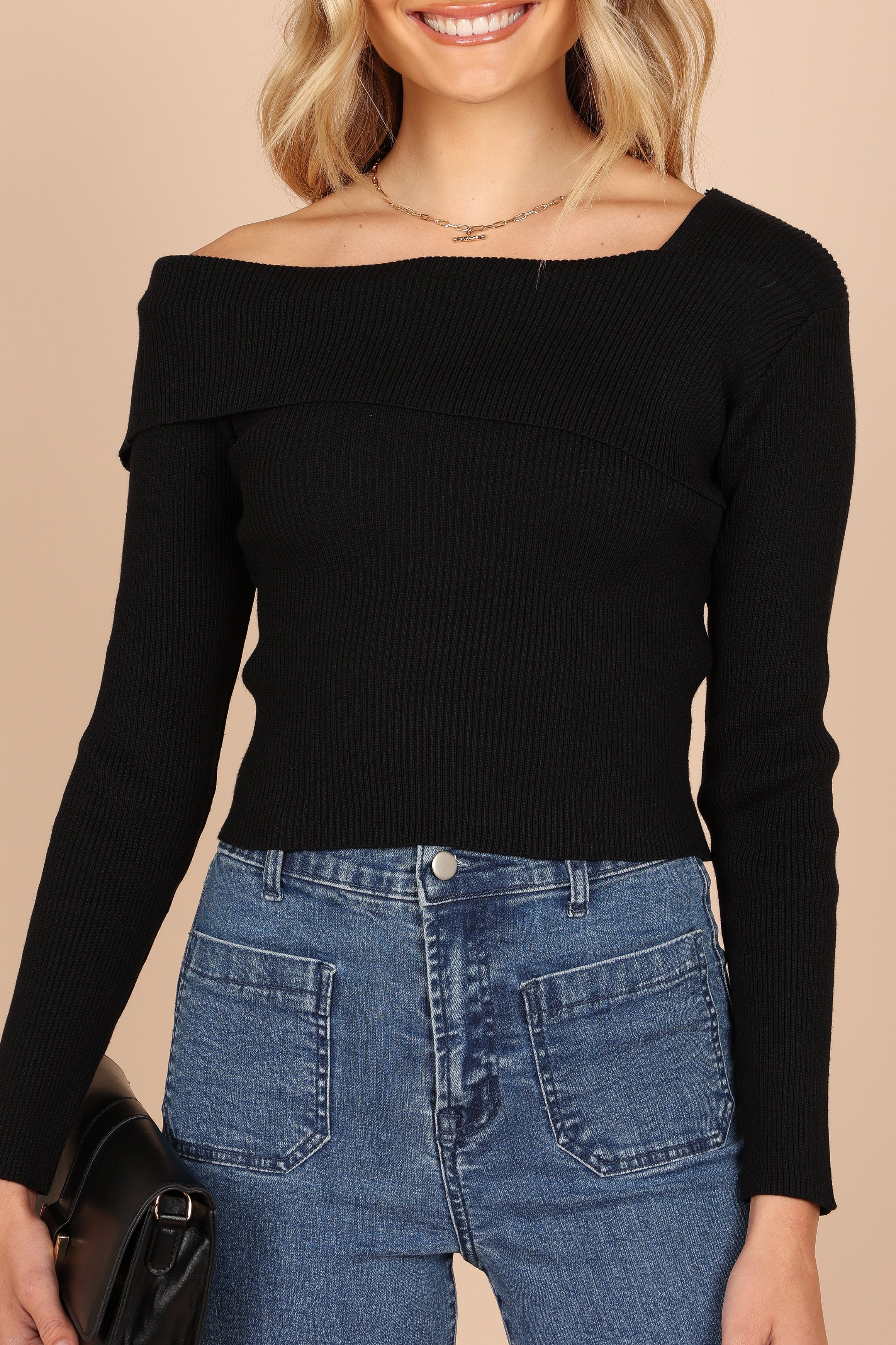 KNITWEAR @Alicia One Shoulder Knit Sweater - Black