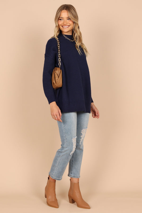 KNITWEAR @Alisa Mockneck Knit Sweater - Navy