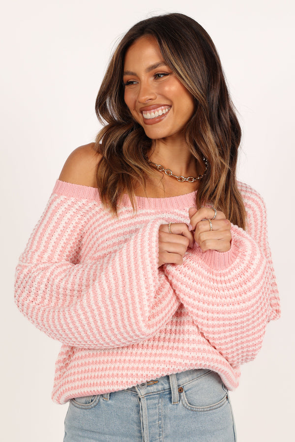 KNITWEAR @Becca Crewneck Waffle Stitch Stripe Knit Sweater - Pink