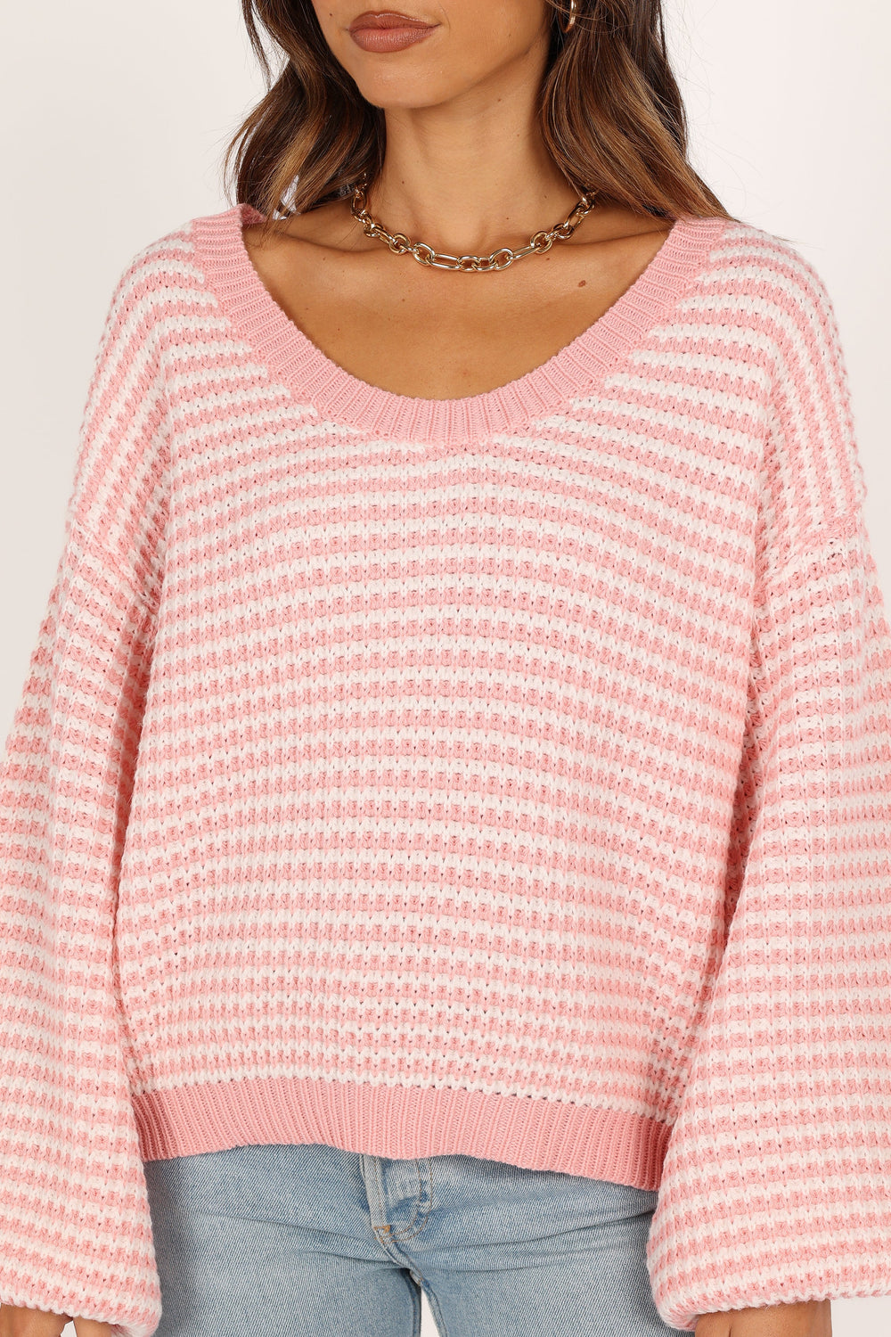 KNITWEAR @Becca Crewneck Waffle Stitch Stripe Knit Sweater - Pink