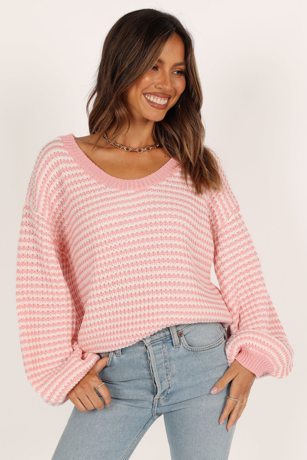KNITWEAR @Becca Crewneck Waffle Stitch Stripe Knit Sweater - Pink