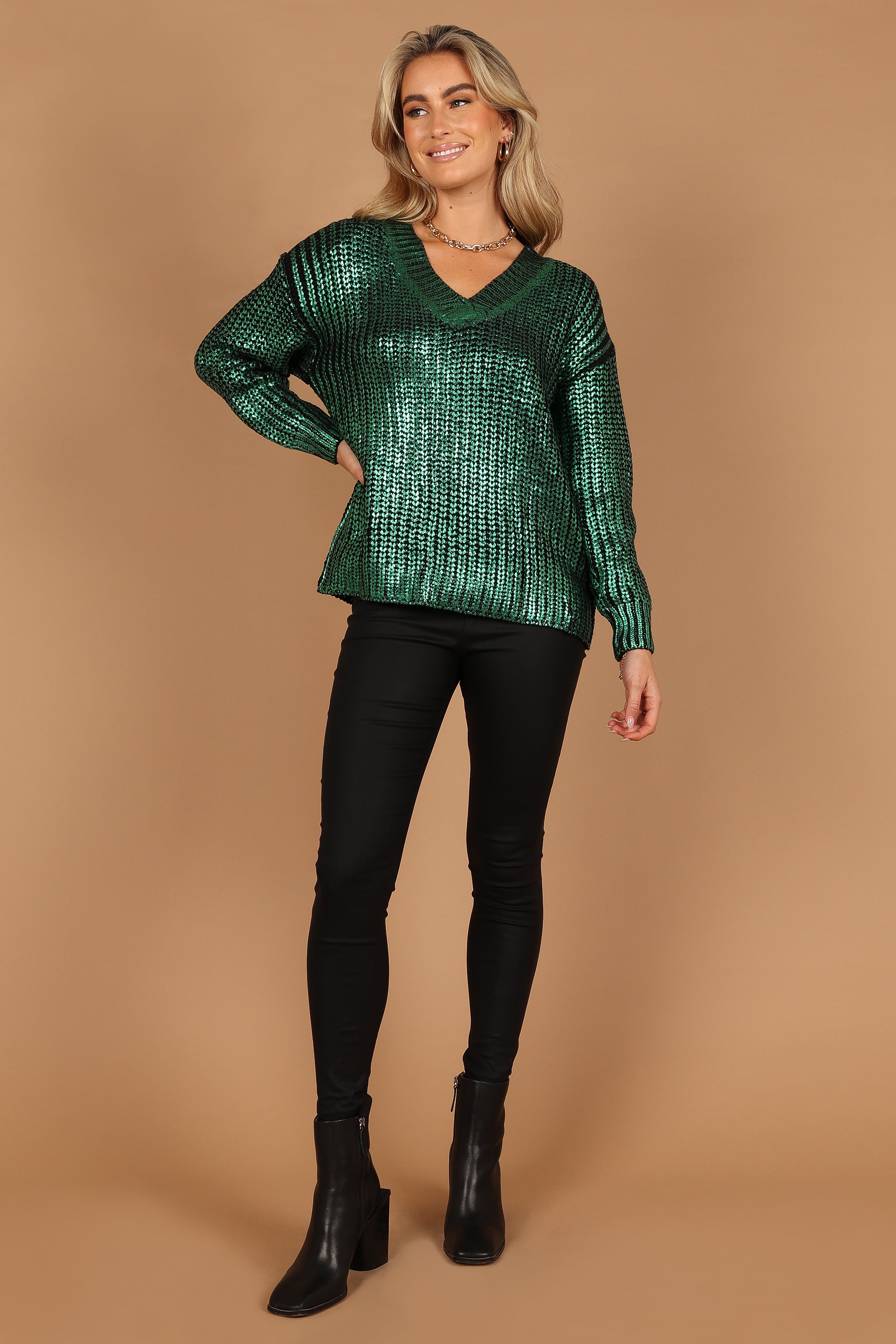 Knitwear @Cameron Crewneck Metallic Knit Sweater - Green