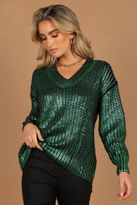 Knitwear @Cameron Crewneck Metallic Knit Sweater - Green