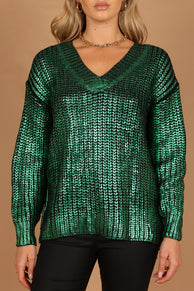 Knitwear @Cameron Crewneck Metallic Knit Sweater - Green