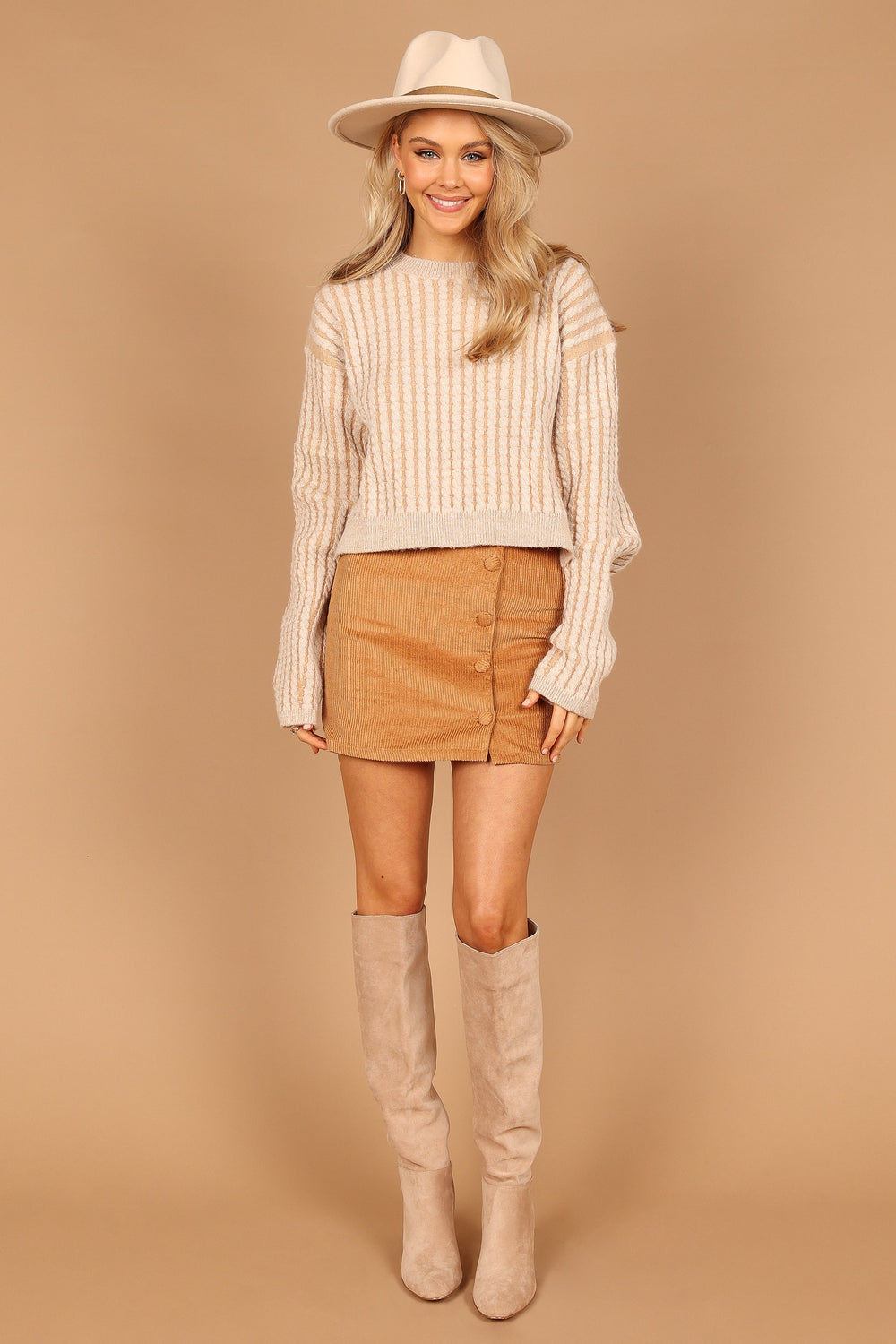 Knitwear @Dakota Crew Neck Oversized Sleeve Knit Sweater - Light Brown