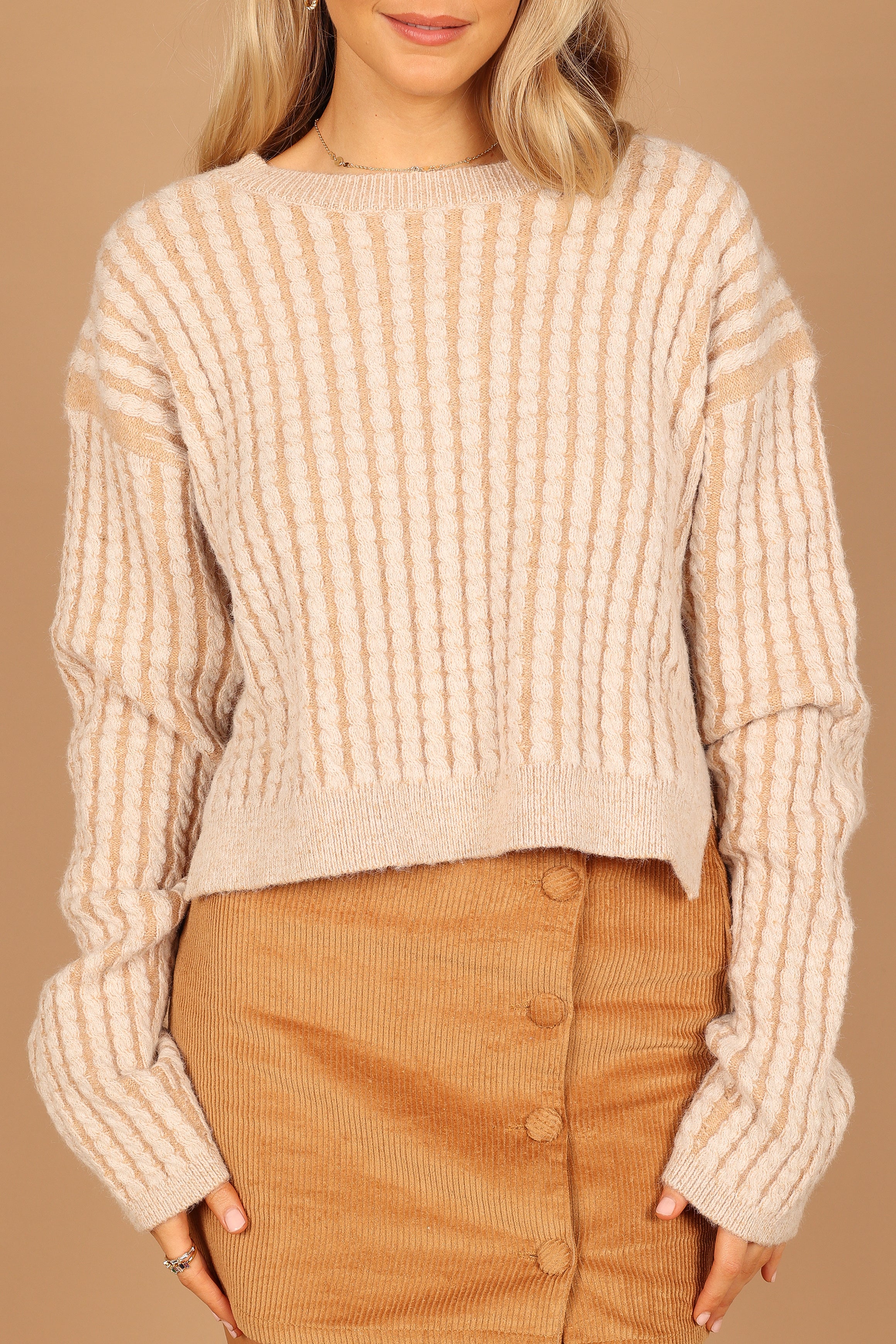 Knitwear @Dakota Crew Neck Oversized Sleeve Knit Sweater - Light Brown