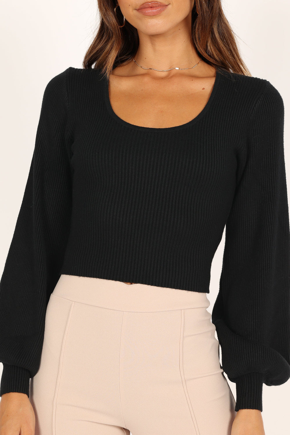 Knitwear @Daphne Crewneck Bubble Sleeve Knit Sweater - Black