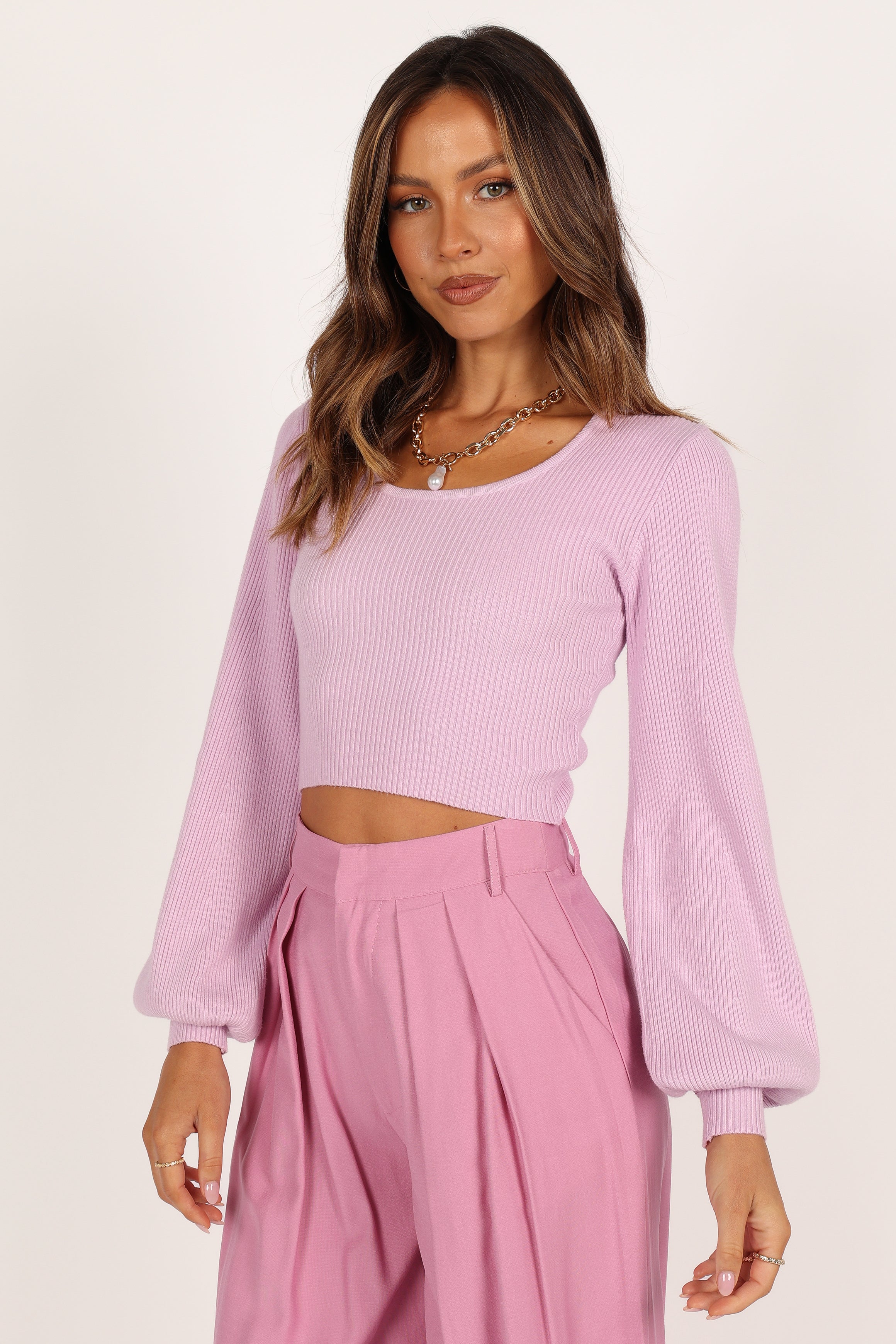 Knitwear @Daphne Crewneck Bubble Sleeve Knit Sweater - Lilac