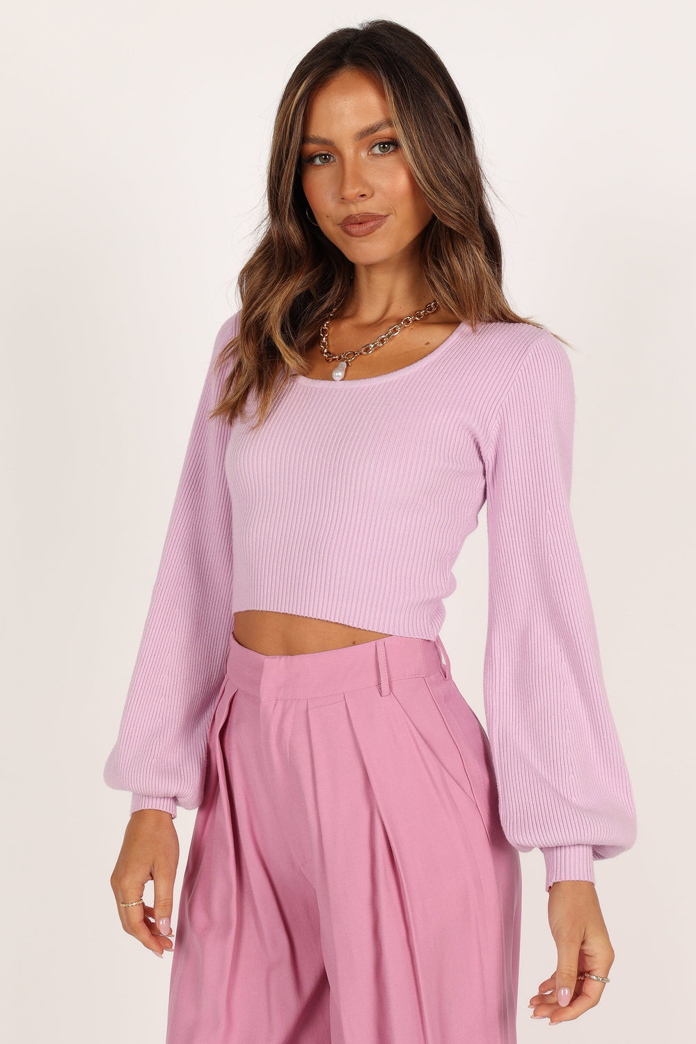 Knitwear @Daphne Crewneck Bubble Sleeve Knit Sweater - Lilac