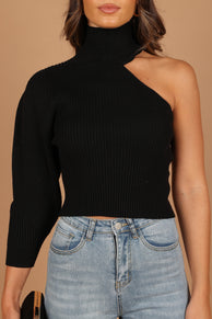 KNITWEAR @Drew One Shoulder Knit Sweater - Black