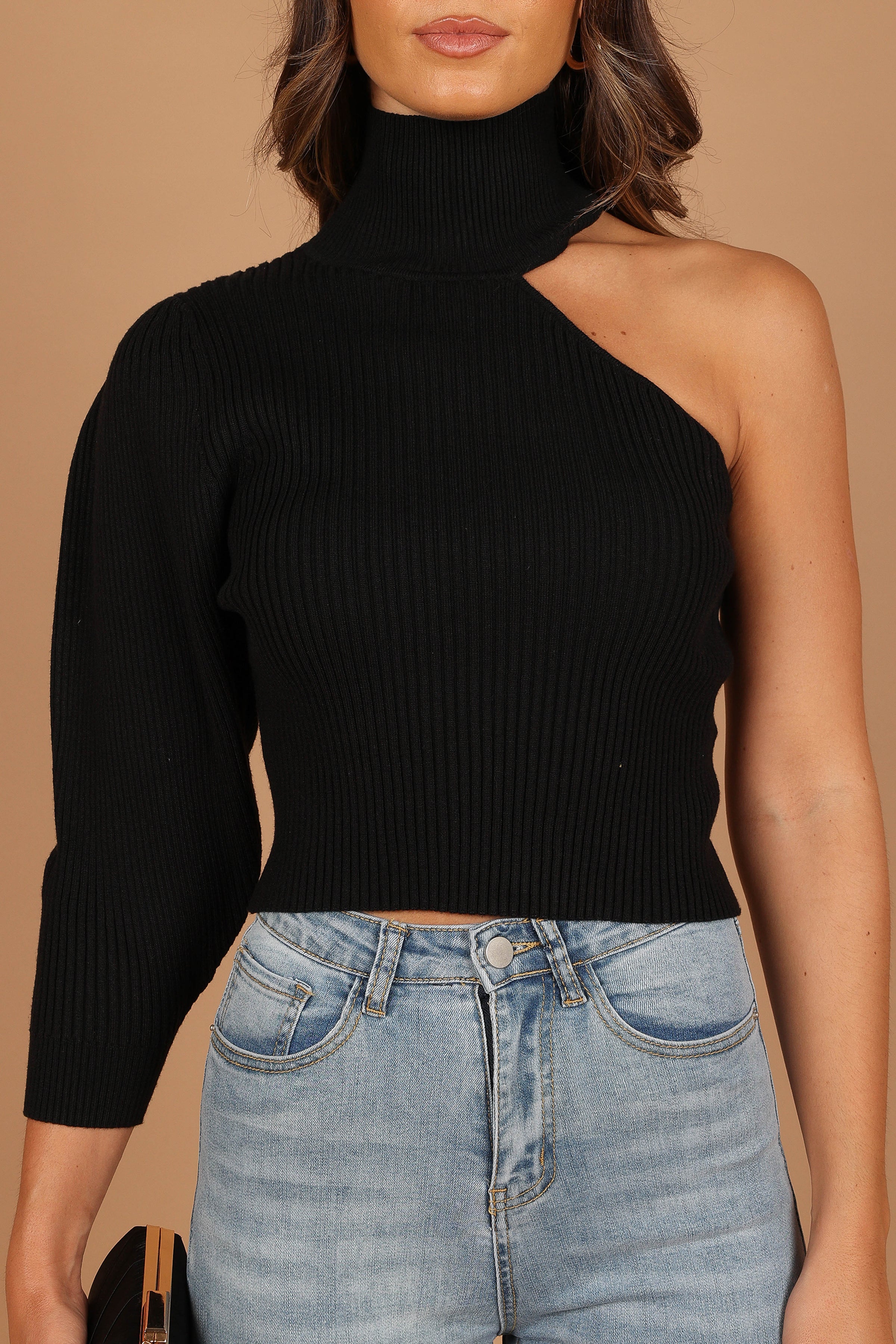 KNITWEAR @Drew One Shoulder Knit Sweater - Black