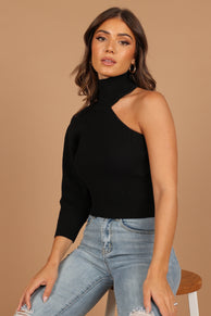 KNITWEAR @Drew One Shoulder Knit Sweater - Black