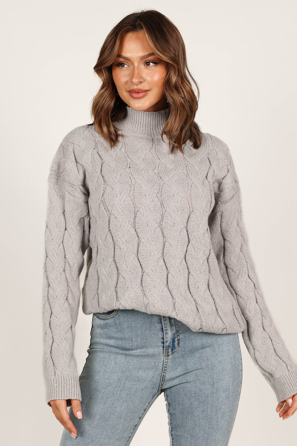 Elena Thick Cable Knit Sweater - Light Grey - Petal & Pup