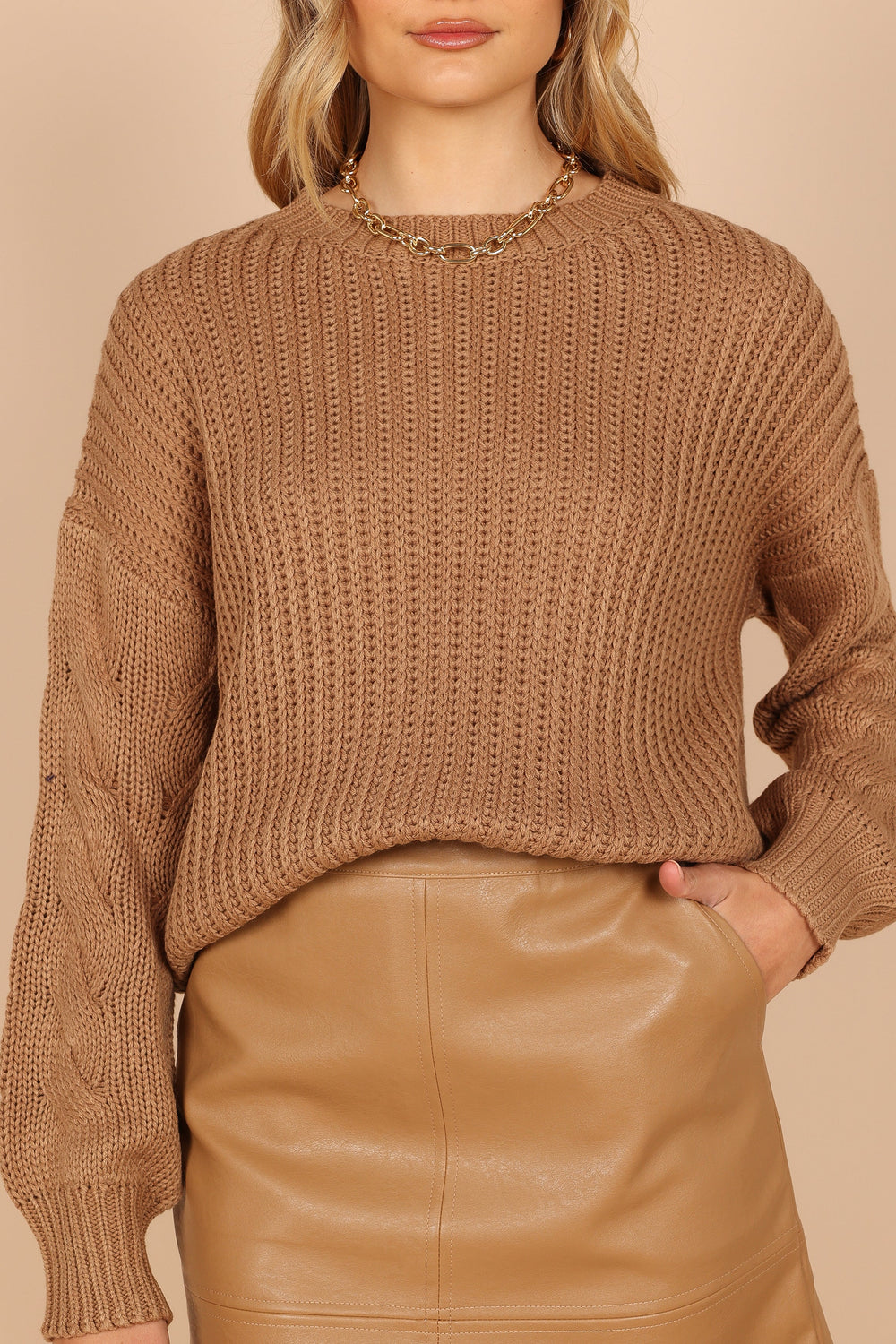 KNITWEAR @Emma Crew Neck Cable Arm Detail Knit Sweater - Beige