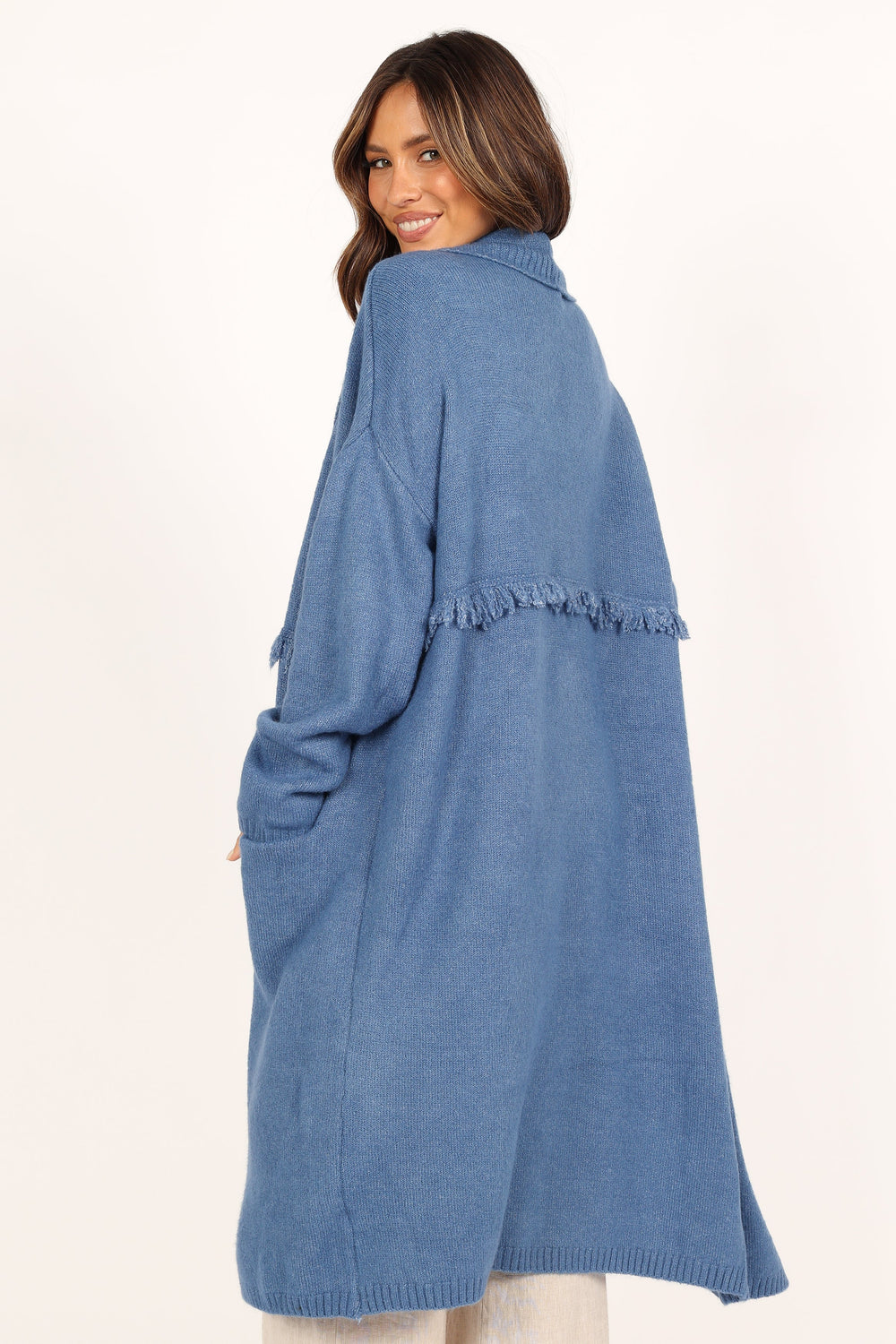 Knitwear @Erin Fringe Detail Open Front Cardigan - Denim Blue