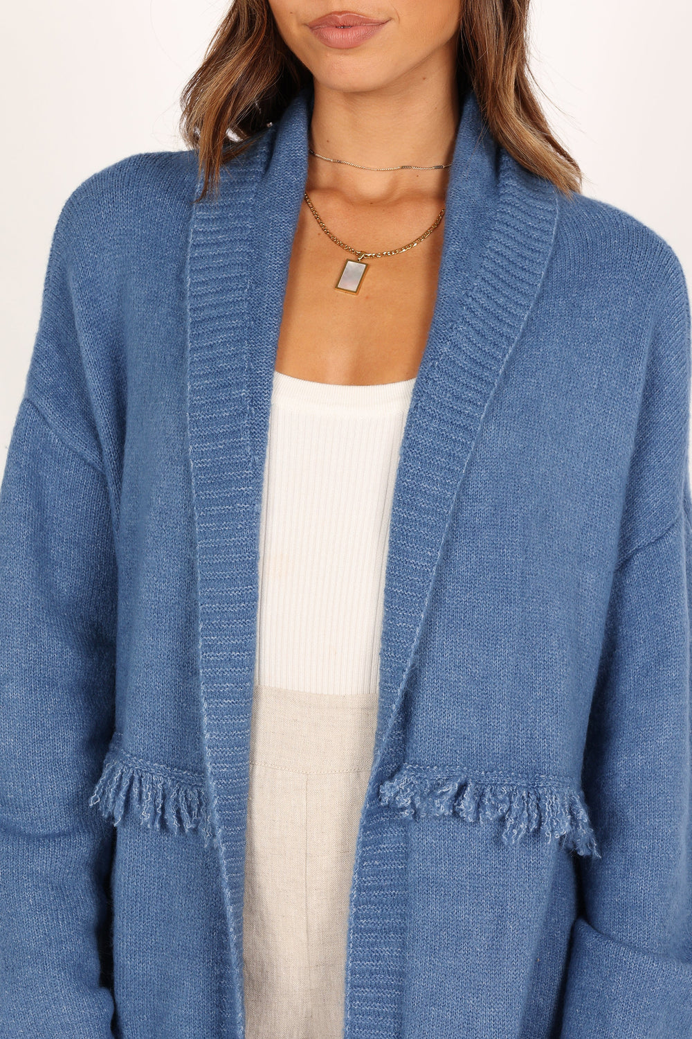Knitwear @Erin Fringe Detail Open Front Cardigan - Denim Blue