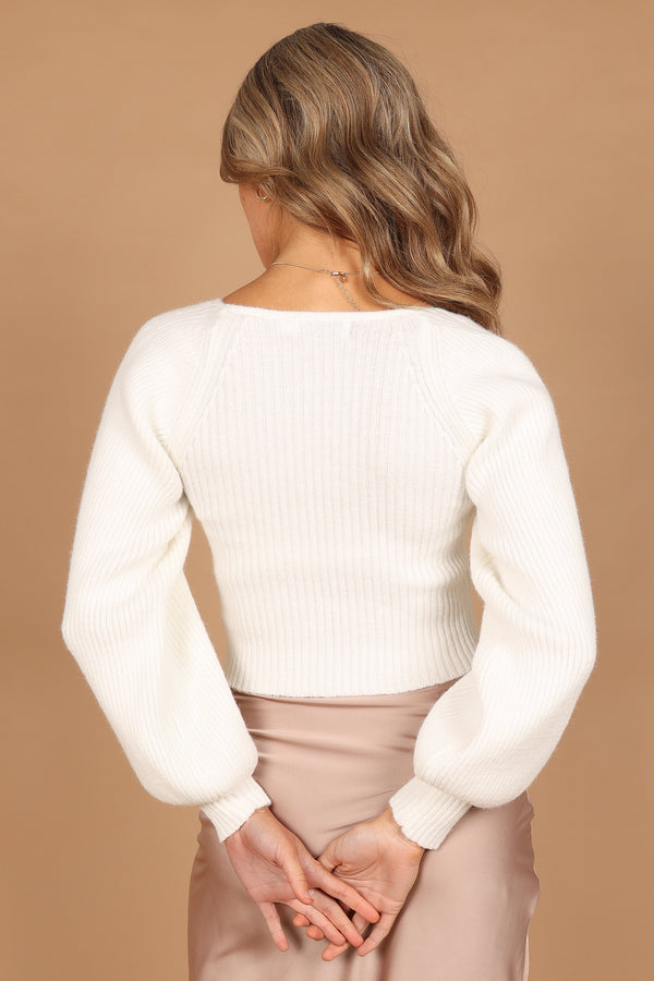 KNITWEAR @Gia Sweatheart Neck Bell Sleeve Knit Sweater - White