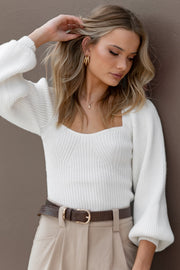 KNITWEAR Gia Sweatheart Neck Bell Sleeve Knit Sweater - White