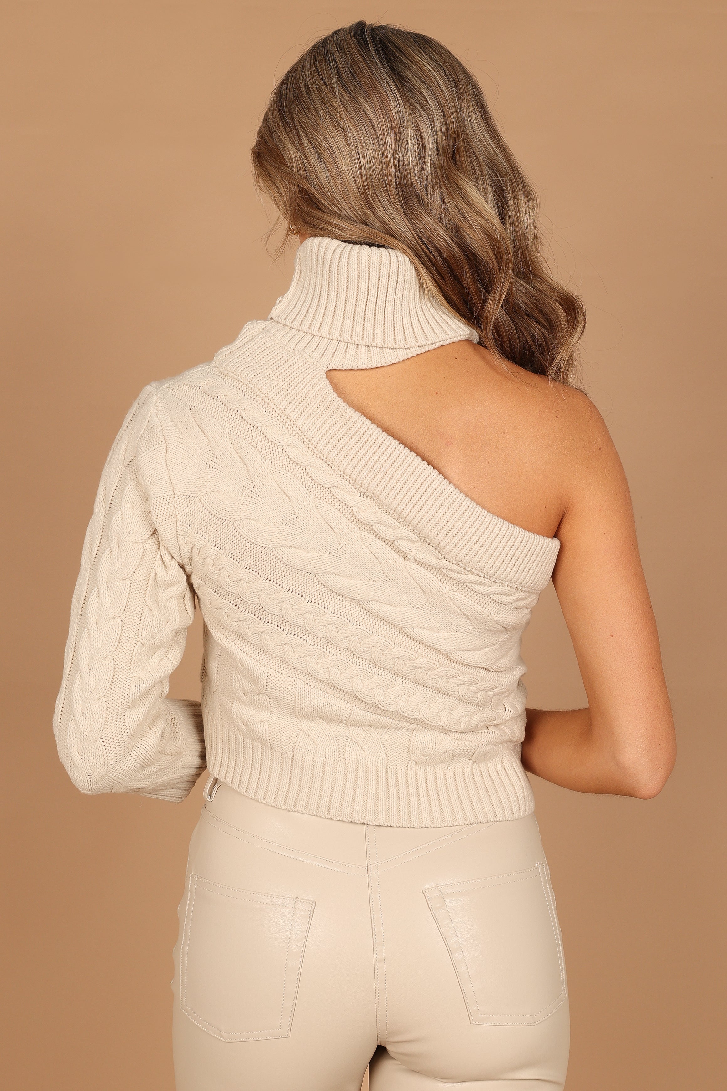 KNITWEAR @Goldie Turtleneck One-Shoulder Cut-Out Knit Sweater - Beige