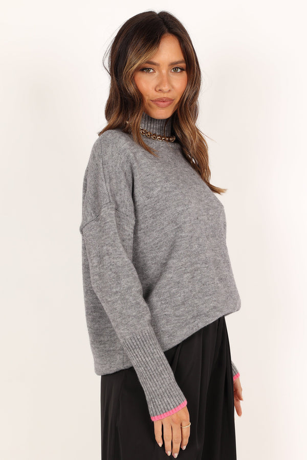 Knitwear @Lacey Turtleneck Contrast Sleeve Knit Sweater - Grey