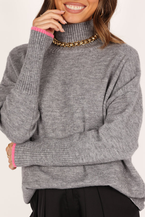 Knitwear @Lacey Turtleneck Contrast Sleeve Knit Sweater - Grey