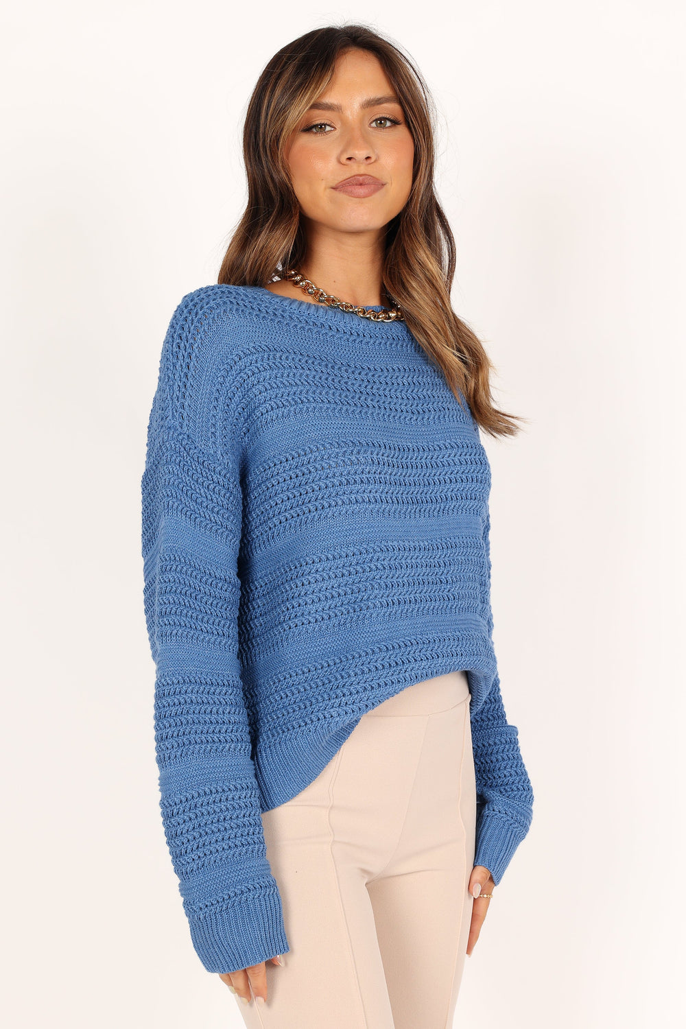 Knitwear @Nancy Crewneck Textured Knit Sweater - Blue (waiting on bulk)