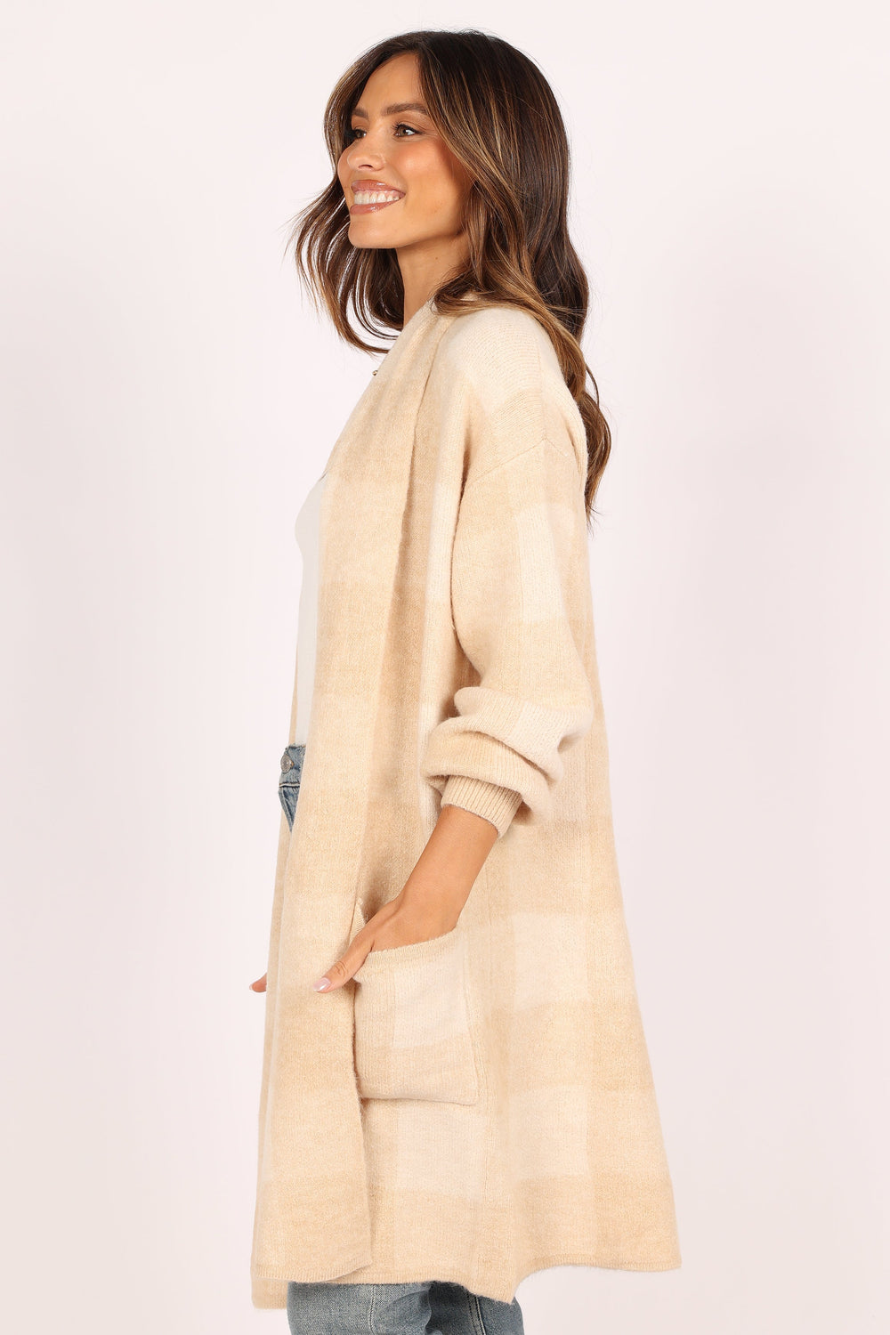 KNITWEAR @Pia Open Front Plaid Cardigan - Taupe