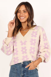 KNITWEAR @Remi Vneck Flower Knit Sweater - Lilac