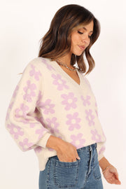 Remi Vneck Flower Knit Sweater - Lilac